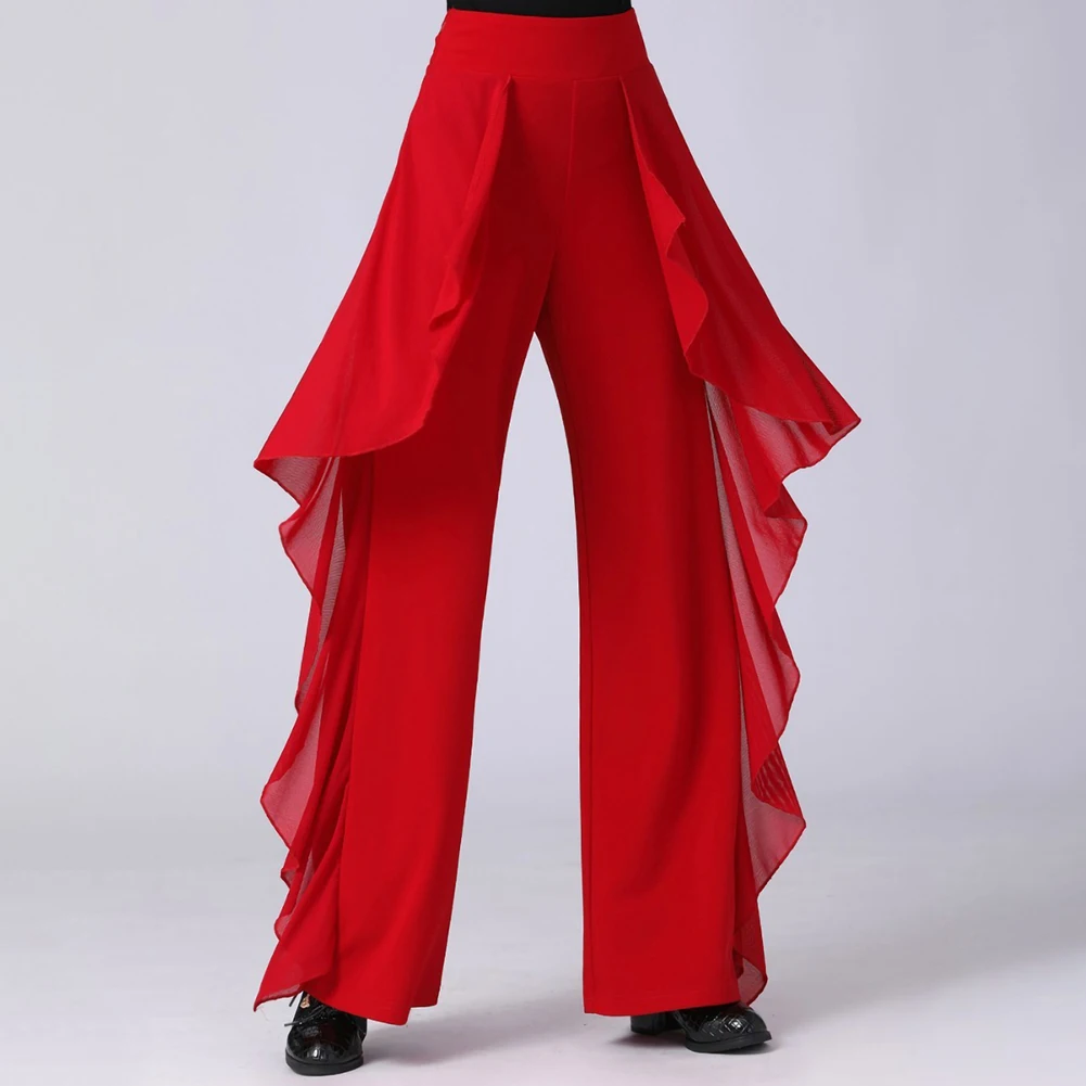 

Women Latin Dance Pants Modern Dance High Waist Ruffle Wide Pants Ballroom Tango Samba Trousers Performance Practice Costume