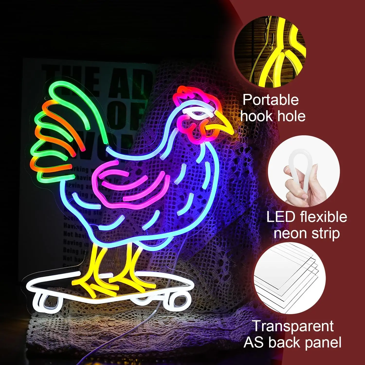 USB Dimmable Chicken Neon Sign Funny Skateboarding Rooster LED Neon Light for Bedroom Men Cave Bar Game Room Home Decor Gift