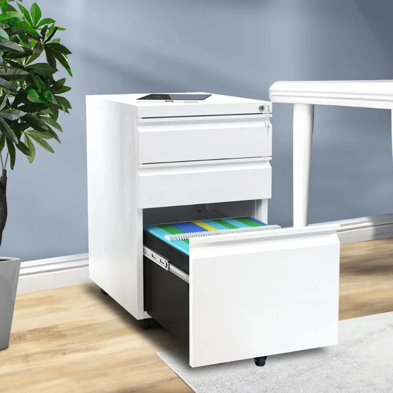 

3-Drawer Lockable Steel Filing Cabinet with Keys - Includes Stationery Box, Horizontal Hanging Rod & Mobile Casters,