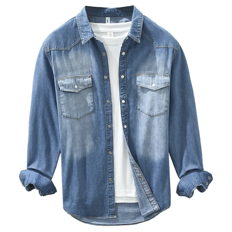 Chemises en denim délavées de style japonais vintage pour hommes, vêtements de travail décontractés à manches longues, 100% coton, Cityboy, Y-Combb, printemps, automne