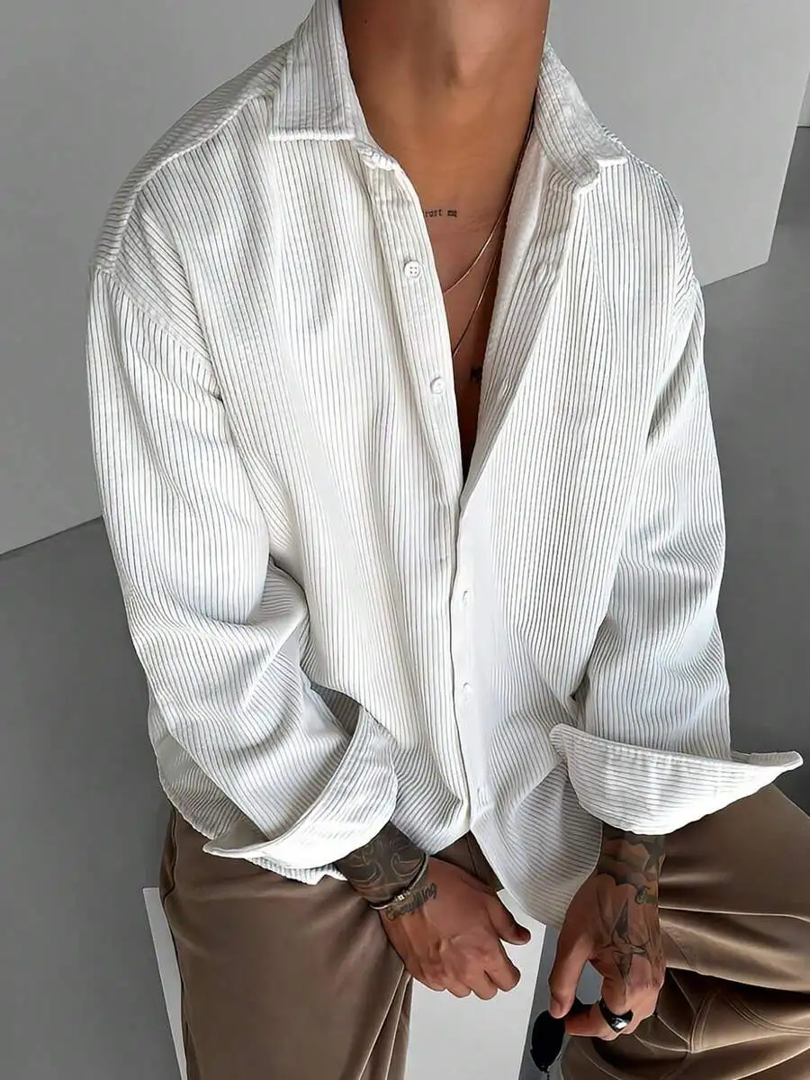 

Men's Loose Fit Striped Long Sleeve Casual Shirt in Corduroy