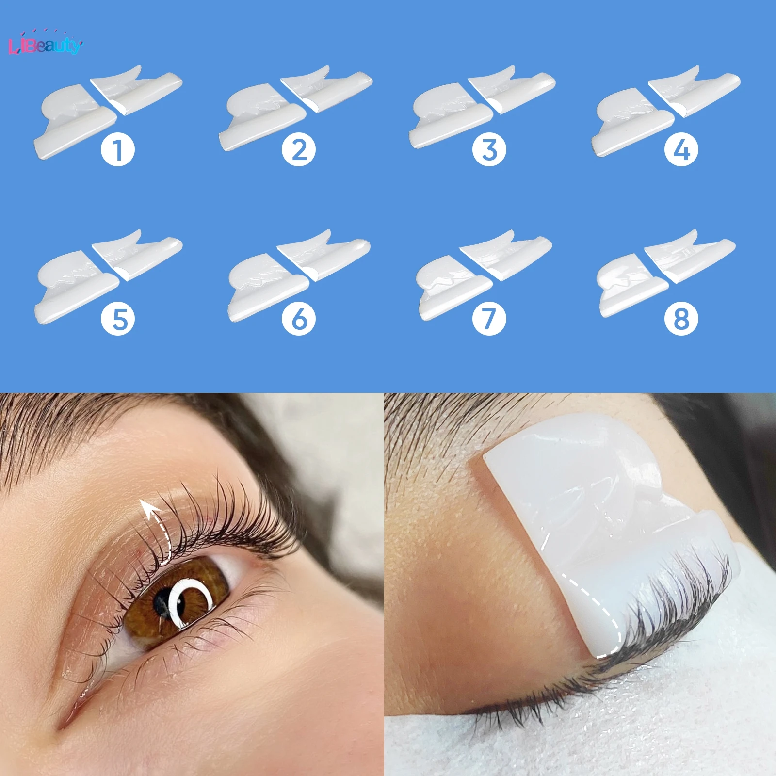 Libeauty, 8 pares de pegamento gratis, almohadillas para permanente de pestañas de silicona, varilla de pestañas pegajosa, escudo, rizador de pestañas, accesorios de elevación 3D, herramienta de maquillaje