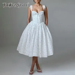 TWOTWINSTYLE Hit Color Printing Spliced Lace Up Dresses for Women Square Neck Sleeveless High Waist Dresses Female Fashion