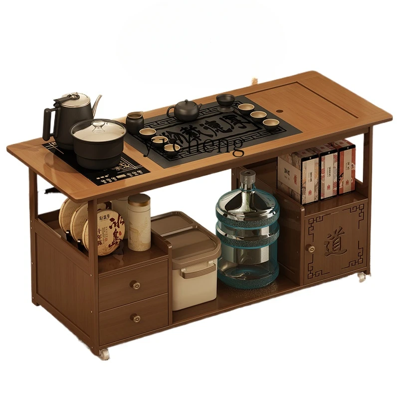 

TQH mobile small tea table household tea table cabinet non-solid wood balcony tea cart kettle integrated