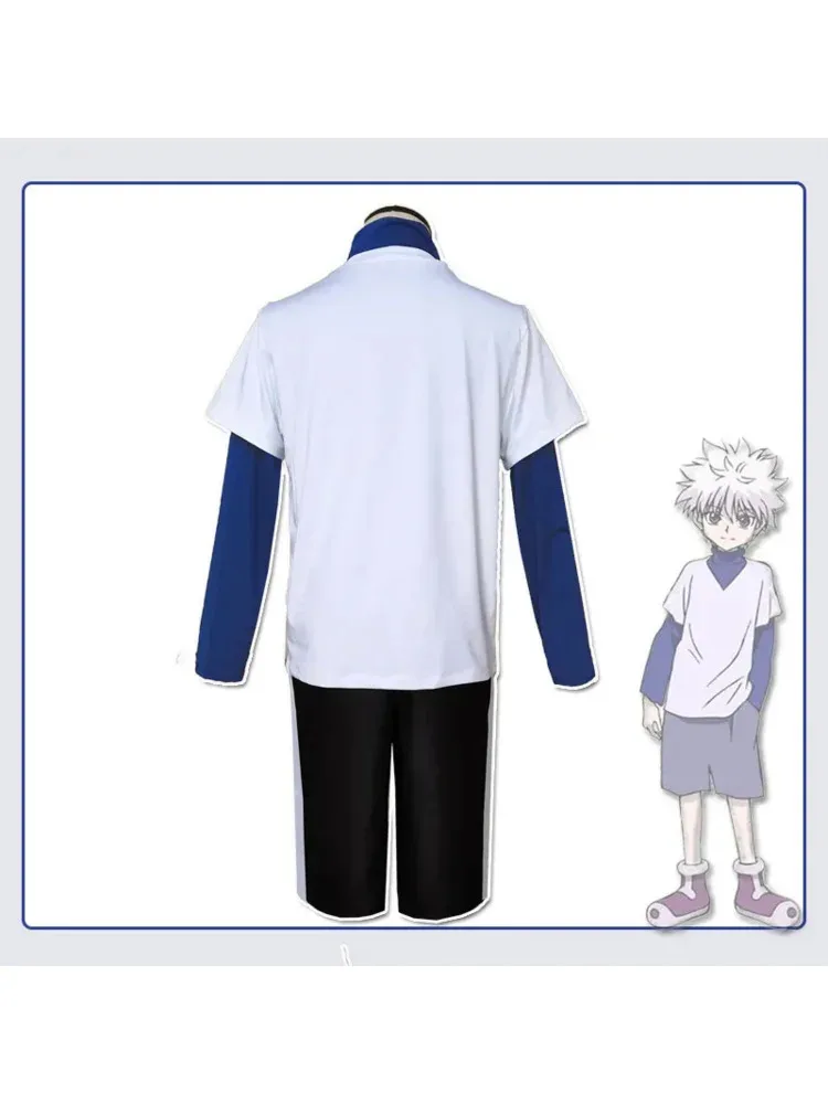 헌터 x 헌터 Killua Zoldyck 코스프레 의상 번호 99 배지 할로윈 크리스마스 파티 코스프레 정장 셔츠 짧은 흰색 가발