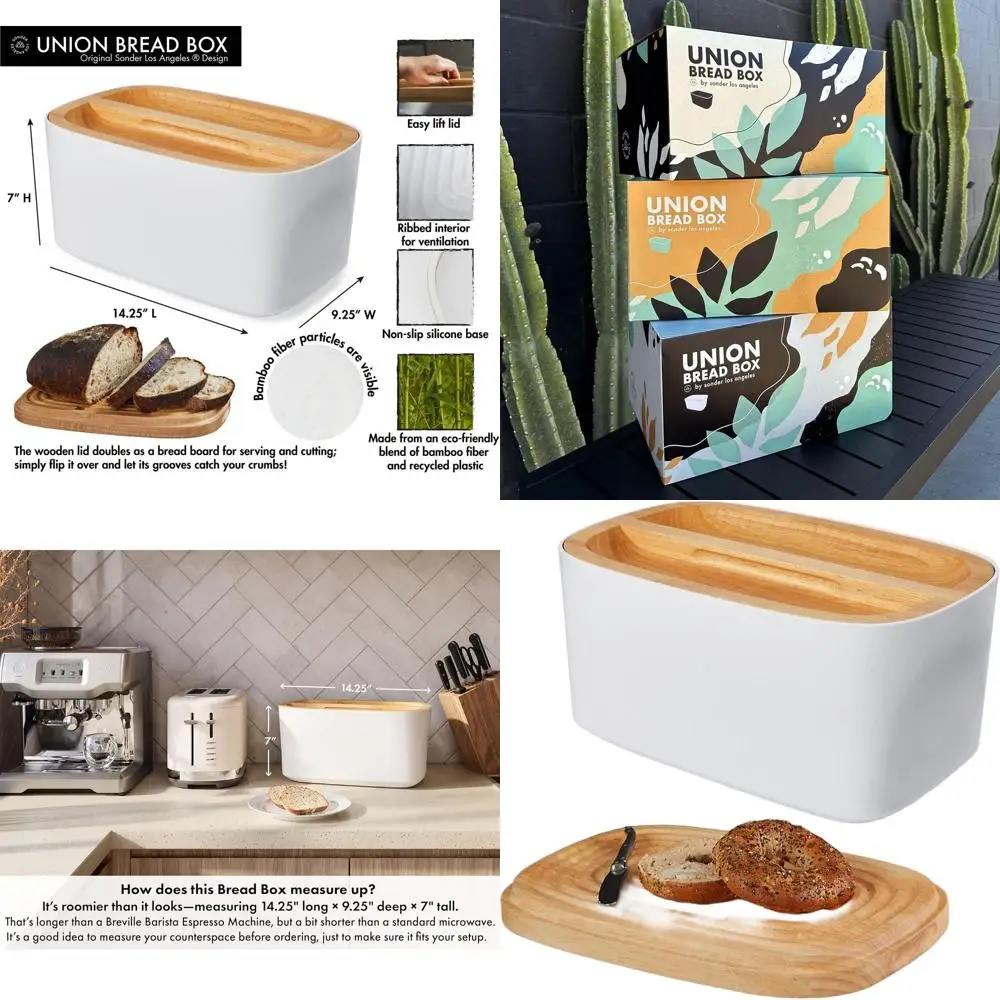 

Экологичная бамбуковая и переработанная пластиковая хлебница с двусторонней разделочной доской, 14,25 x 9,25 x 7, белая кухонная столешница Stora