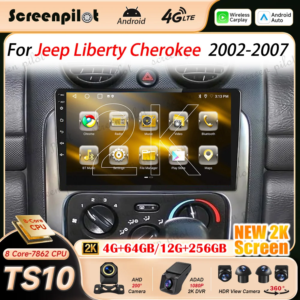 Android 16 Car Radio Stereo For Jeep Liberty Cherokee  2002 2003 2004-2007 2K QLED Multimedia Player Wireless Auto Carplay GPS