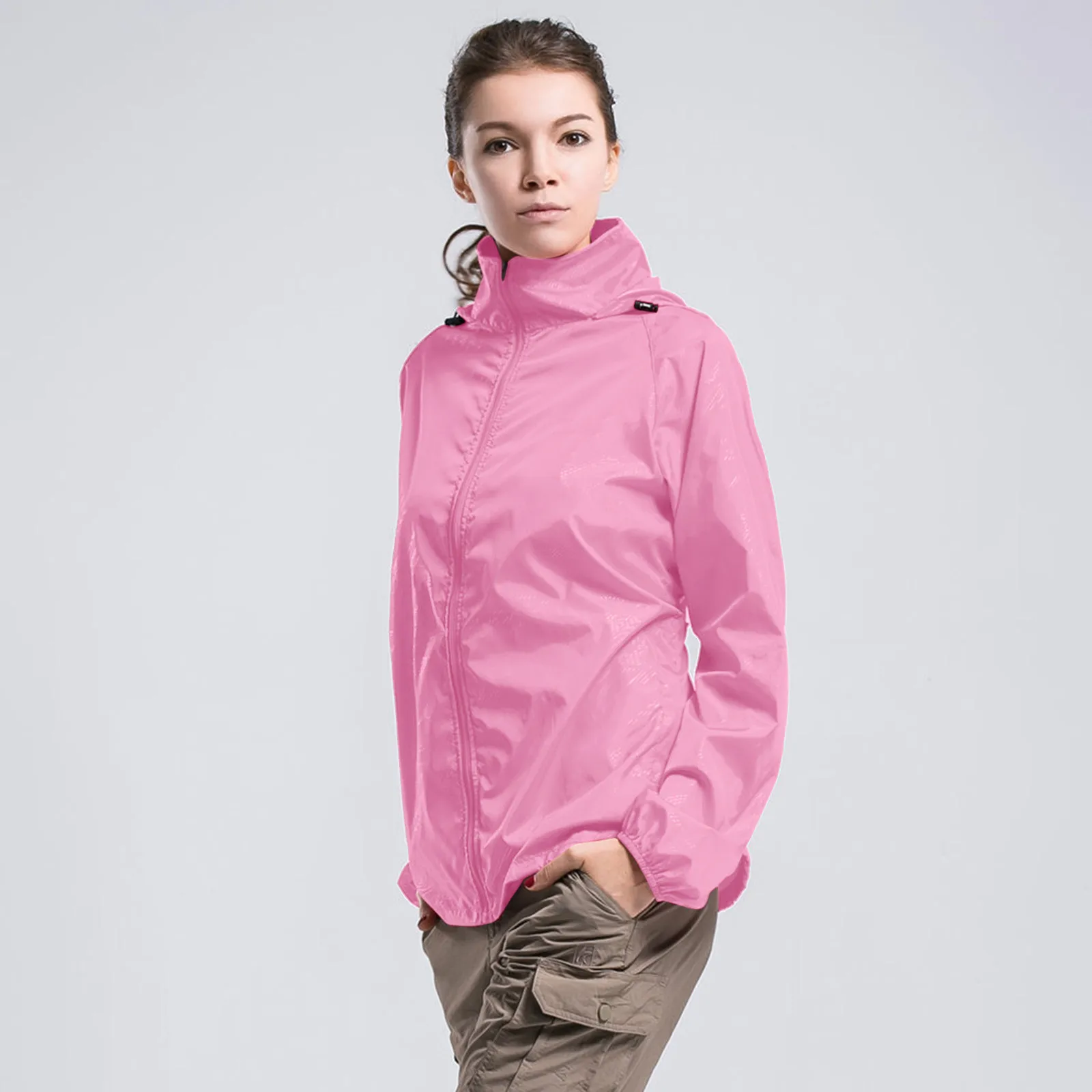 Outdoor Windproof Jackets Female Casual Lightweight Detachable Hooded Coats Windbreaker Long Sleeve Zipper Slit Pocket Outerwear