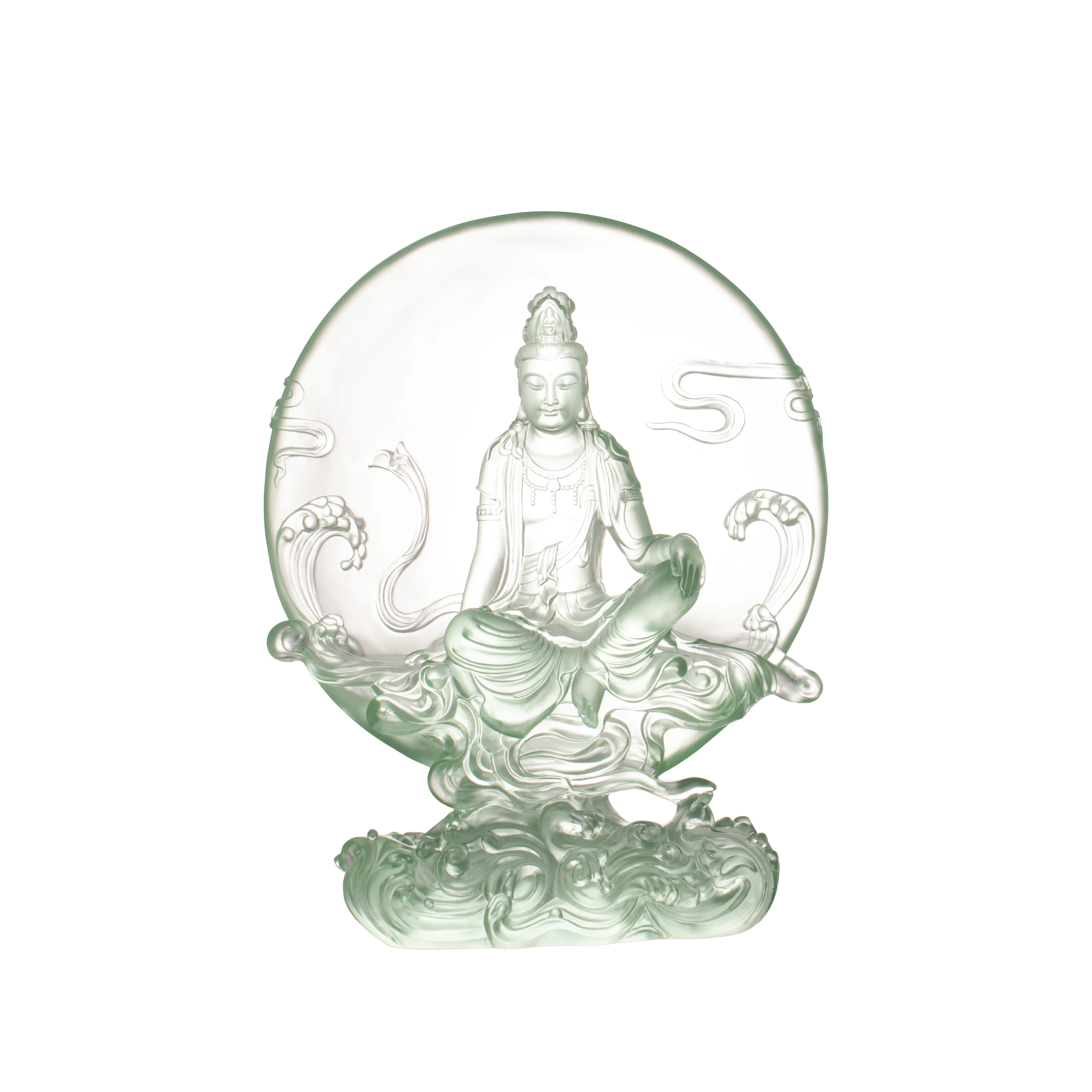 *&r Artfamily Handmade Eco-friendly Crystal Carved Buddha Statue with Round Backlight Guanyin Home Decoration Gift Mascot