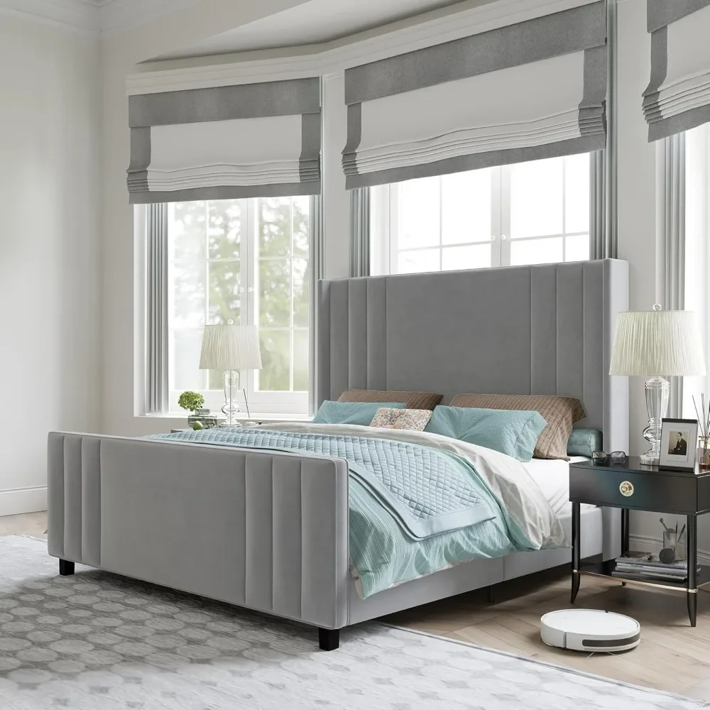 Extra large bed frame, velvet cushioned platform bed, quilted headboard and footboard, no need for spring mattress, light gray