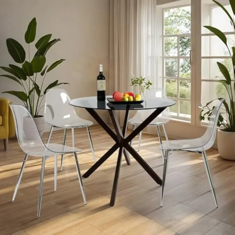 Stijlvolle ronde glazen eettafelset voor 4 personen - grijze tafel en 4 heldere stoelen voor eetkamer, koffieshop en kleine ruimtes, 2-pack