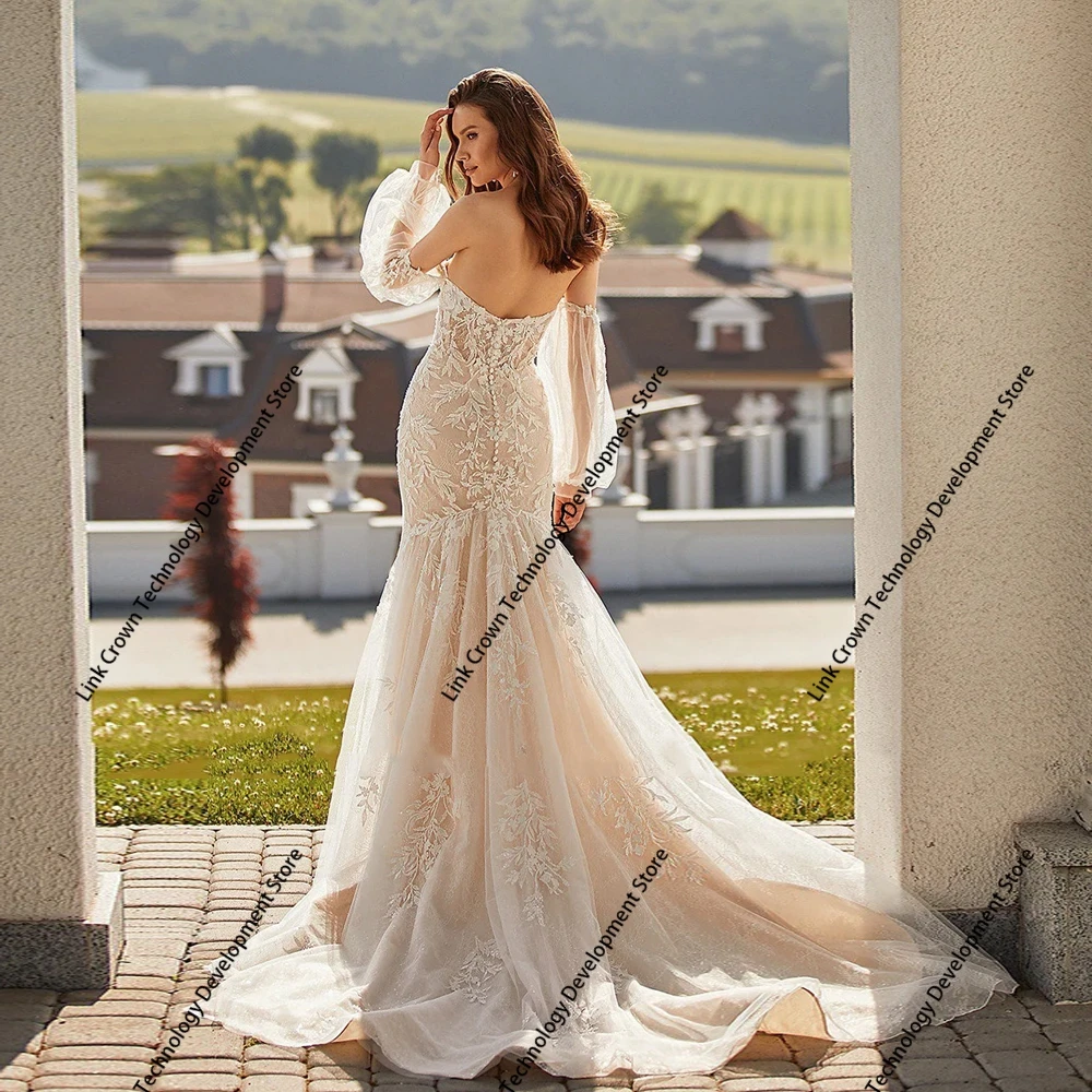 Robes de mariée sirène Champagne personnalisées, avec traîne Court, manches longues, en mousseline de soie, avec bouton au dos, nouvelle collection été 2025