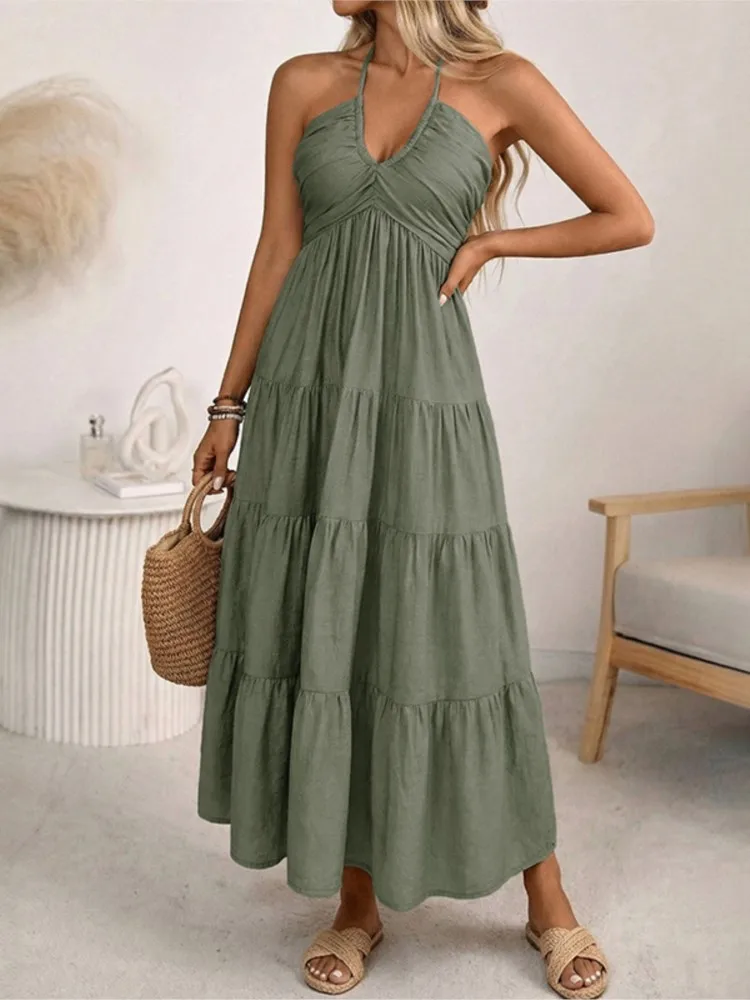 

2026 Summer Dresses Woman Party Wedding Vestido Casual Dress All-match Neck Halter Leace-up Backless Pleated Holiday Solid Color