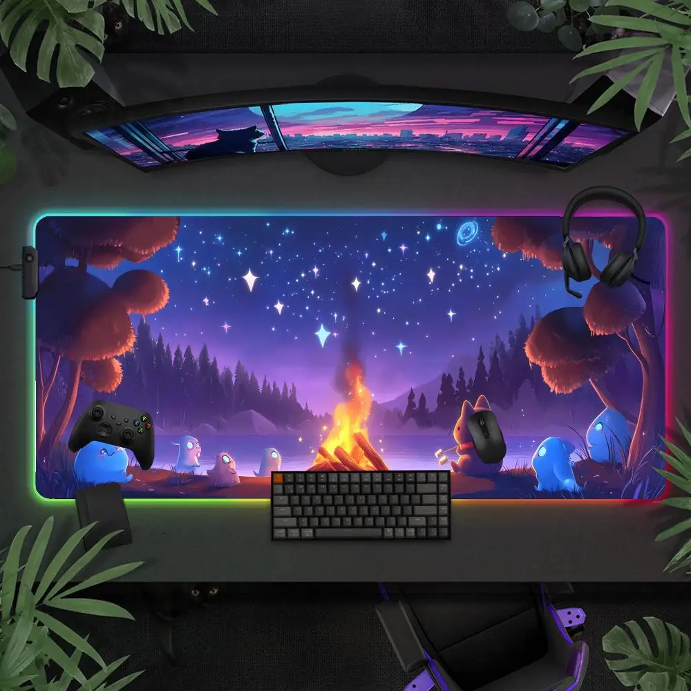 

Cartoon Bonfire Kitten RGB Gaming Mouse Pad Desk Mat Gamer Accessories Large LED Light Mousepad PC Computer Carpet with Backlit