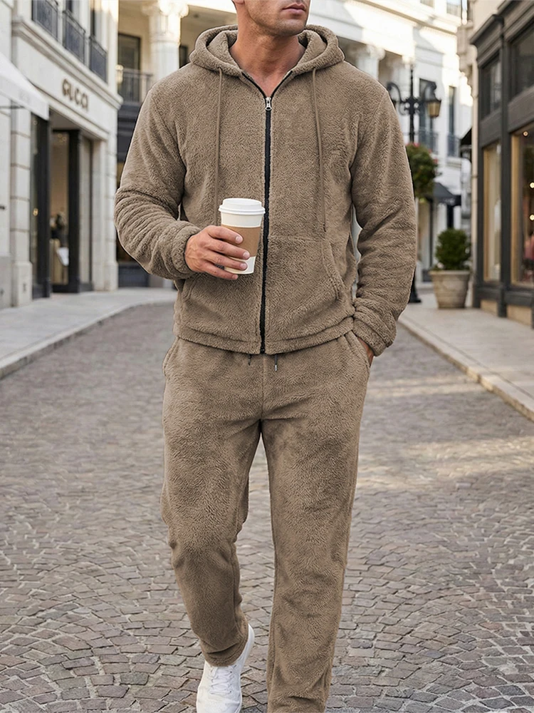 

Осенне-зимний повседневный флисовый костюм для мужчин: винтажные однотонные пушистые худи и брюки, комплект из двух предметов, модный мужской спортивный костюм