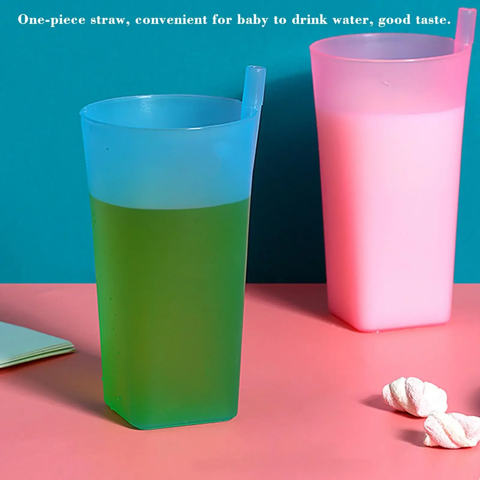 Fresh Candy-Colored Kids Sip Cup Children Water Cup with Built in Straw Mug Drink Home Colors Simple Plastic One-Piece Straw Cup