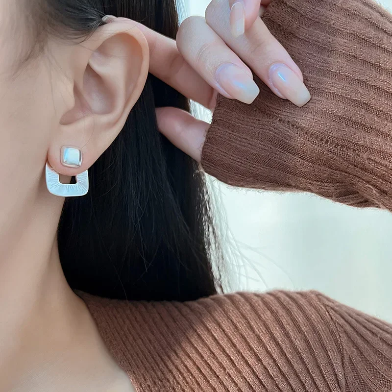 Pendientes cuadrados geométricos de Plata de Ley 925 para mujer, Pendiente de boda para fiesta, joyería para Piercing, oreja colgante trasera mate