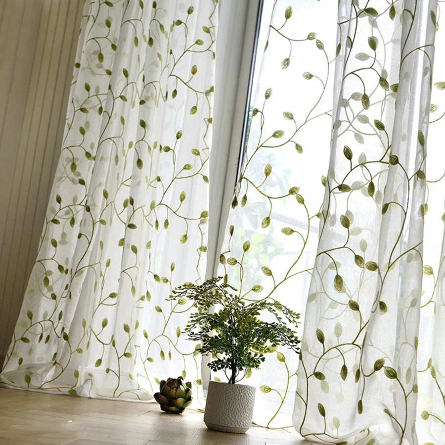 Rustic Green Leaves Embroidered Curtains Sheer Tulle Blue with White Leaves  Blackout Curtains For Living Room Drapes  WP072#4