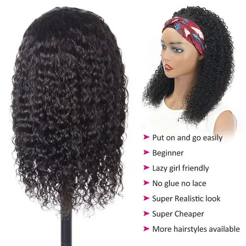 Imagen 2 del producto Peluca con diadema de cabello humano, pelucas con diadema rizadas para mujeres negras, peluca con diadema brasileña hecha a máquina, Color Natural de 150% de densidad