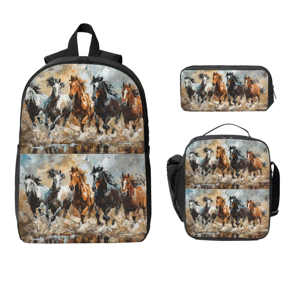 Realistic Oil Painting Galloping Horse Backpack Student BookBag School Bag Computer Shoulder Bags 3ps Lunch Bag Pencil Case