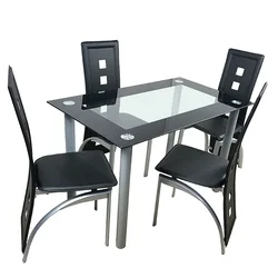 110cm Dining Table Set Tempered Glass Dining Table with 4pcs Chairs Transparent & Black