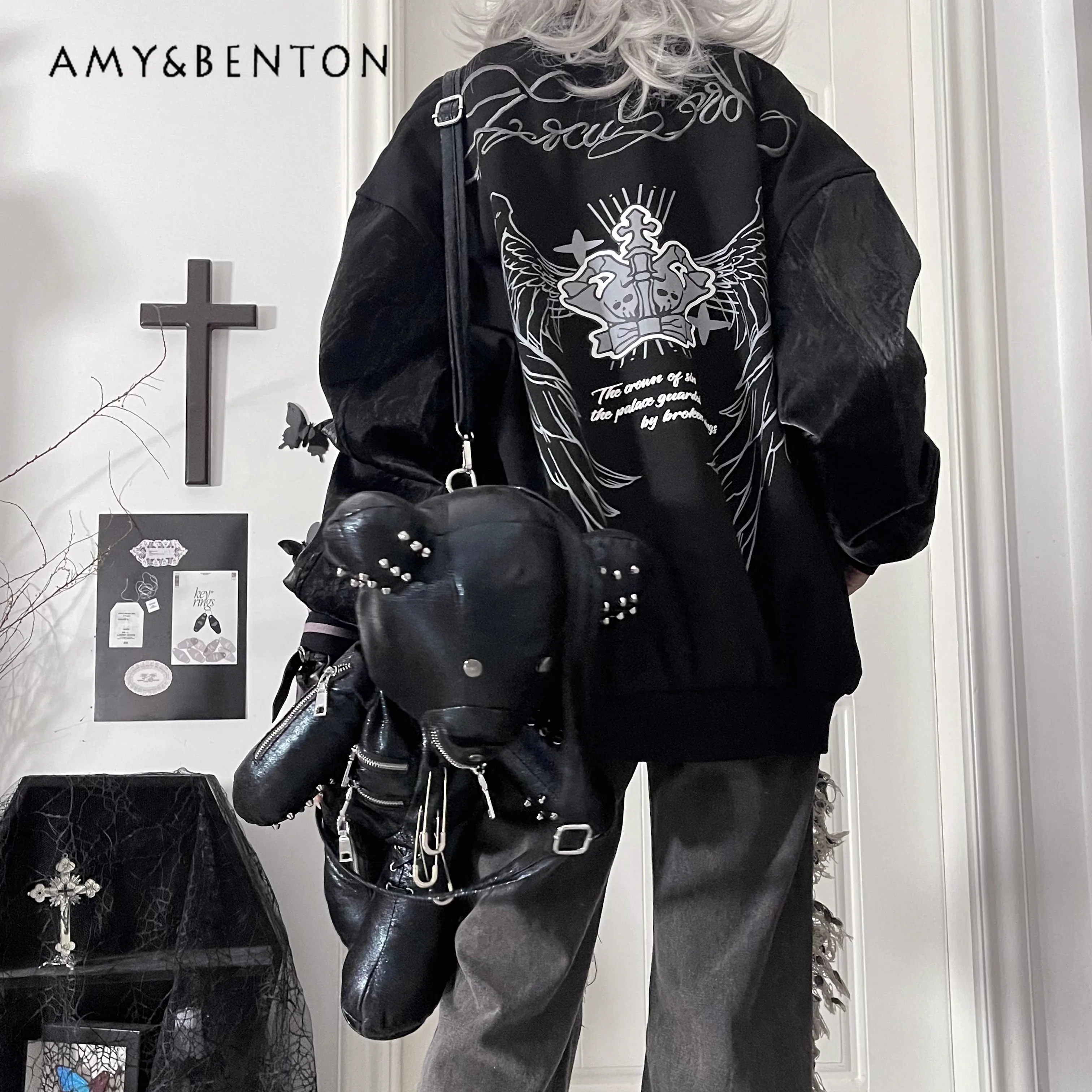 Original American Vintage Embroidered Jacket High Street Letter Cartoon Print Long Sleeve Baseball Jacket Autumn New Goth Coat