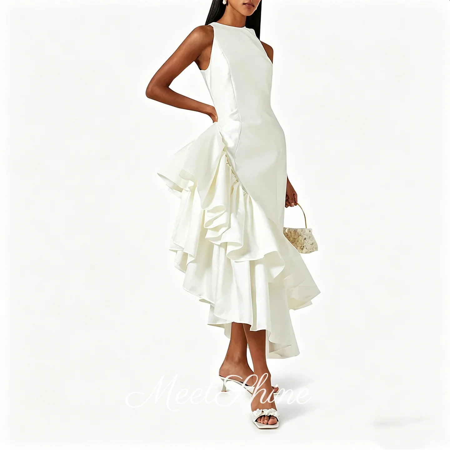 Chic White Satin Side Slit Ruffles Evening Dresses Pretty O-Neck Ankle Length Cocktail Dresses Sleeveless Prom Customized