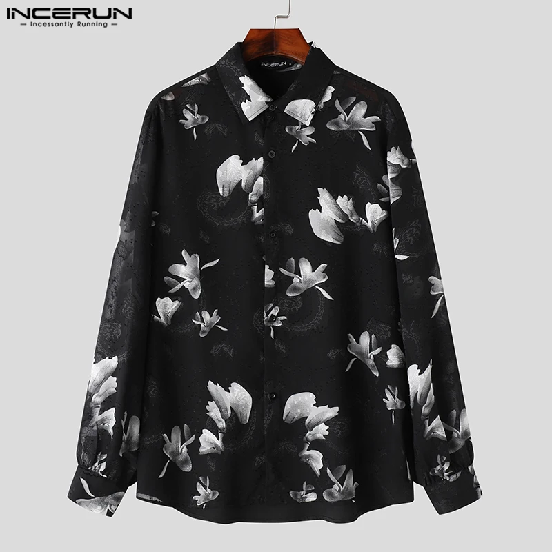 INCERUN 2024 Men Casual Shirt Printing Chiffon Lapel Long Sleeve Streetwear Men Clothing Loose Fashion Leisure Male Shirts S-5XL