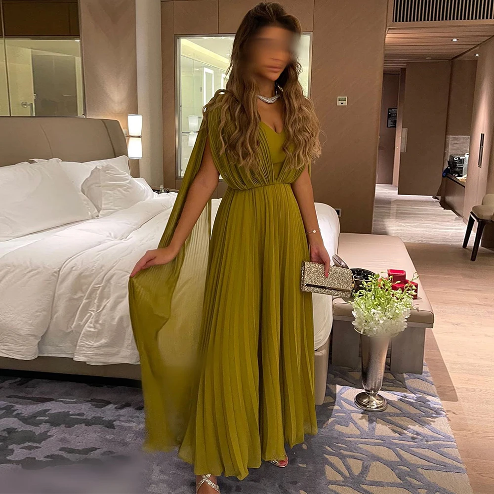 

Simple Chiffon Pleats Evening Dress V-Neck Sleeveless Prom Gown Saudi Arabia Formal Occasion Dress High Quality Vestido De Noche