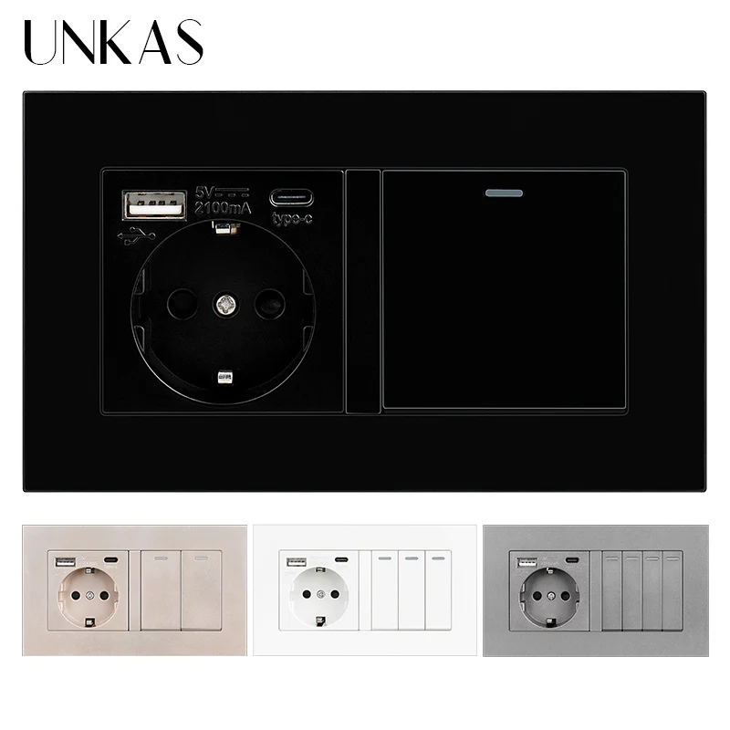 

UNKAS Gray Type C USB Port French Standard 16A Socket 1 2 3 4 Gang 1 / 2 Way On / Off Push Button Plastic Panel PC Outlet