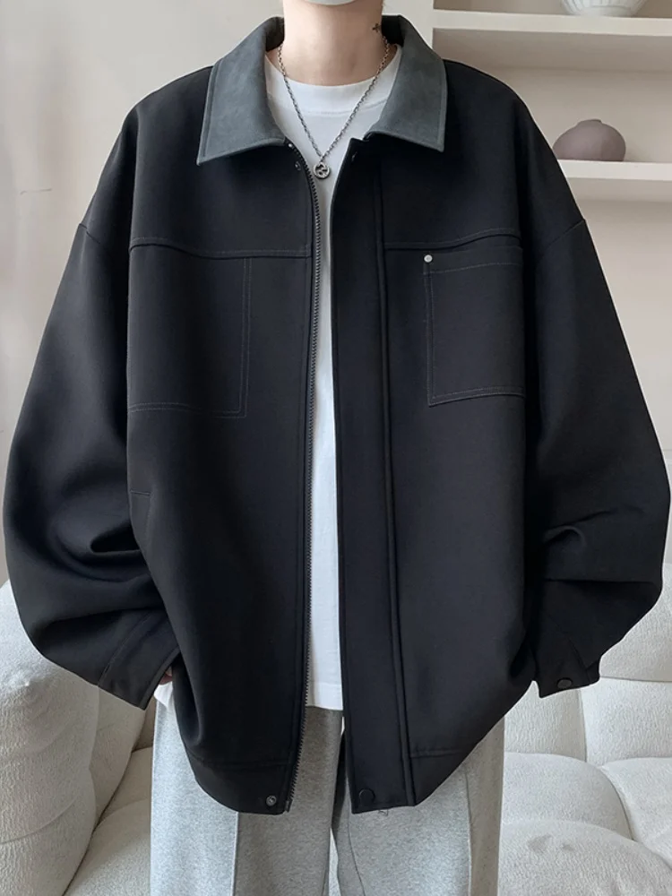 

Detroit Collared Workwear Jaet Men's Spring Autumn Trendy mat Sle Contrast Color Outerwear Loose Fit Long Sve Z...