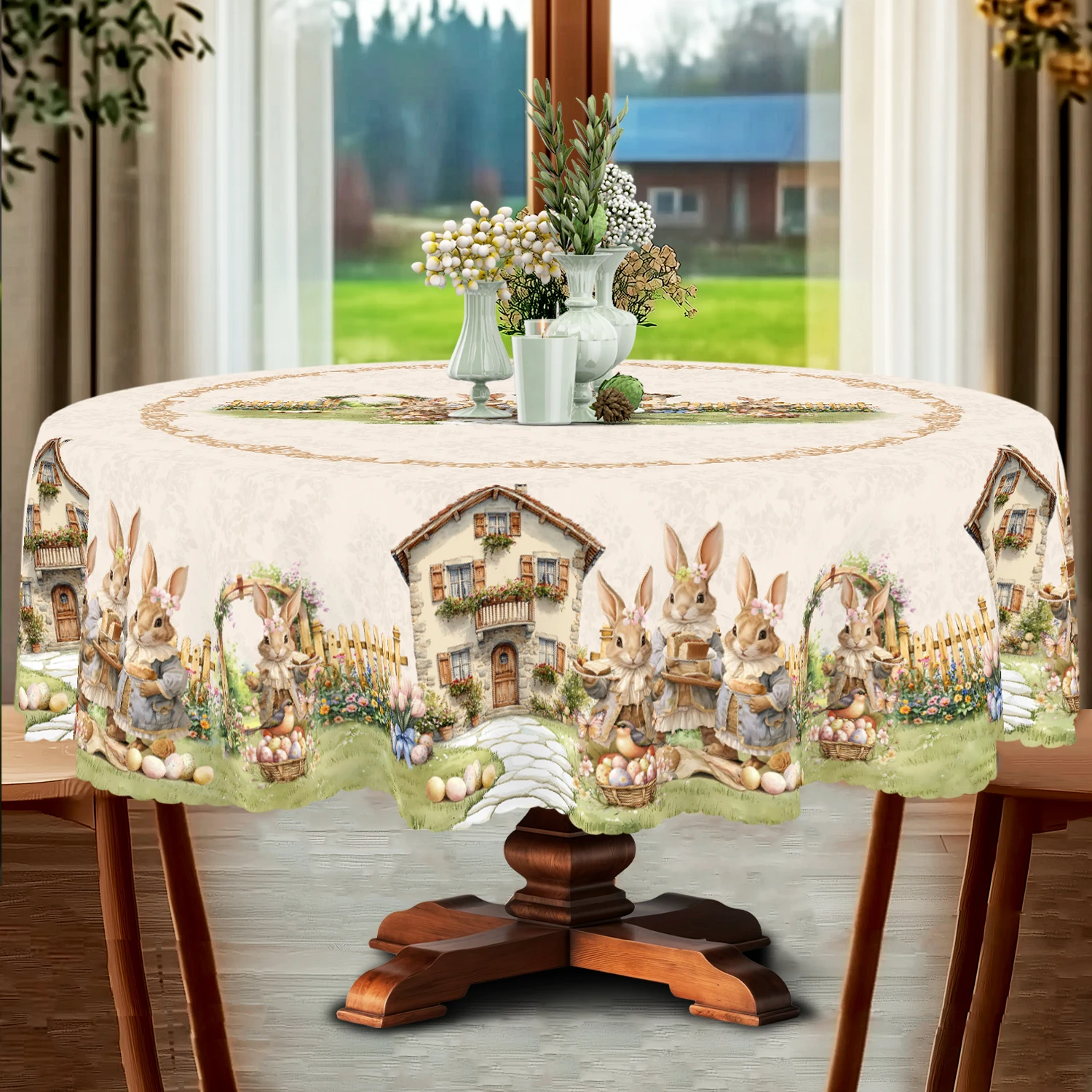 Easter Peter Rabbit Themed Tablecloth, Classic Dark Pattern Print, Medieval Courtyard Garden Atmosphere, Cute Rabbit Holding a Cake, Bright Colored Eggs, Adorable Bird Print, Embossed Edges, Waterproof, Wrinkle-Resistant, Fade-Resistant, Suitable for Rectangular and Round Dining Tables, Home Kitchen Living Room Dining Table Balcony Coffee Table Holiday Party Holiday Table Decoration, Outdoor Picnic Decoration Coffee Table Decoration, Perfect Gift for Spring, Summer, Autumn, and Winter Decoration T48