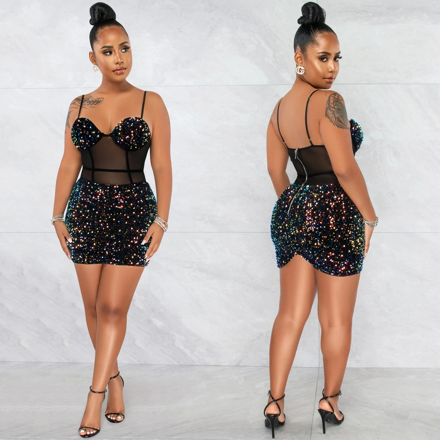

Sexy Sequin Bodycon Dress Women Summer Off The Shoulder Sexy Dress Slim Bandage Night Party Club Dress Mesh Perspective Zipper