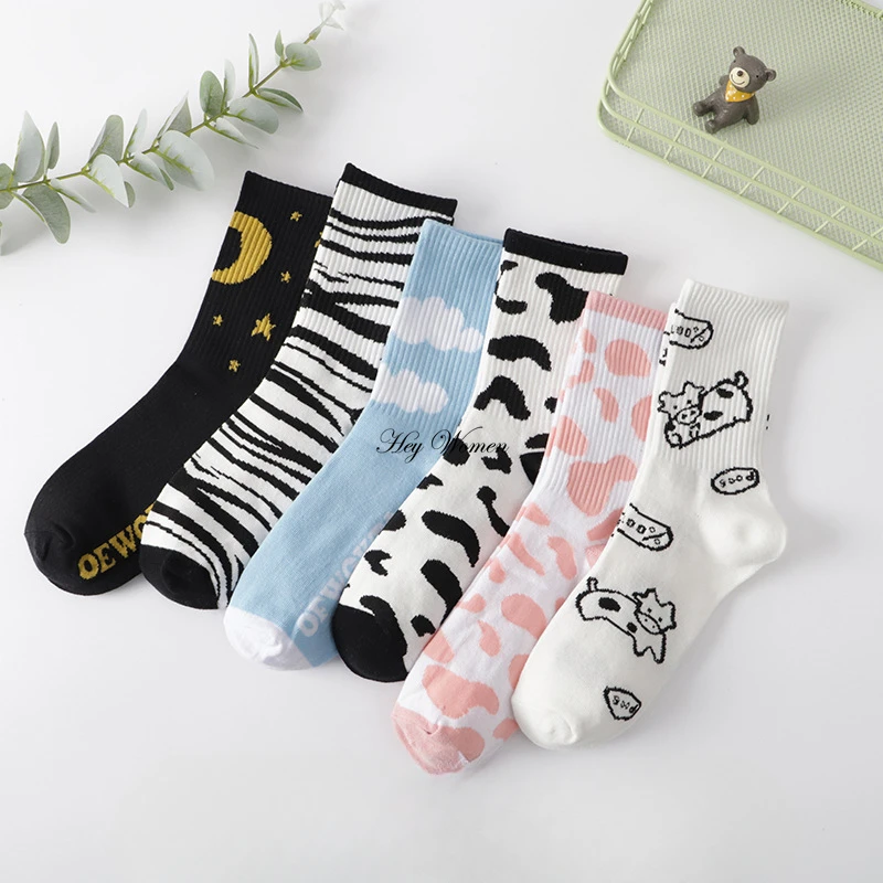 Cute Cartoon Socks Women's Medium tube Socks Soft Spring Cotton Fresh Comfortable Breathable Sweat  Kawaii Trendy Sock