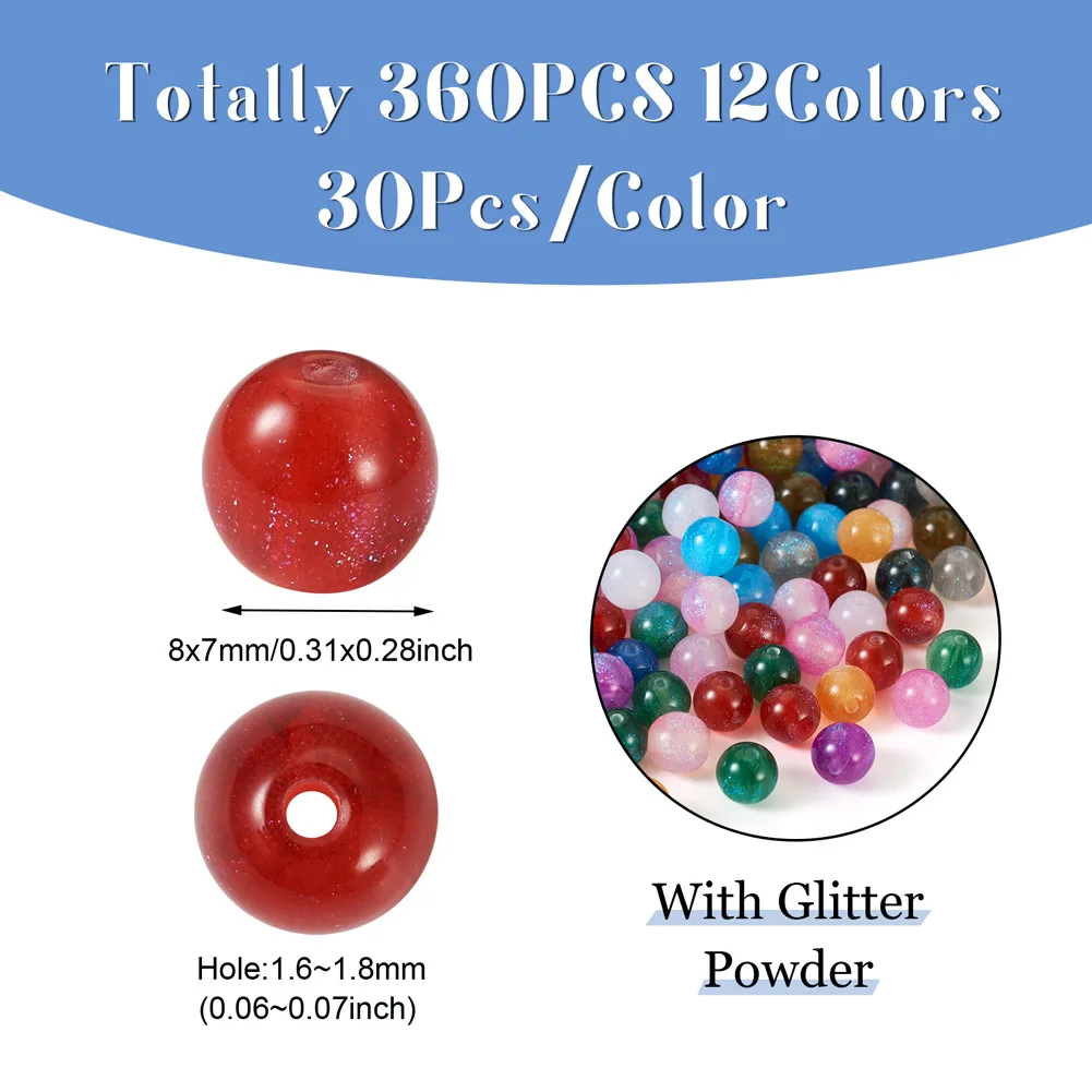 360Pcs Round Imitation Cat Eye Resin Beads with Glitter Powder Loose Beads for Bracelet Jewelry Making Accessories