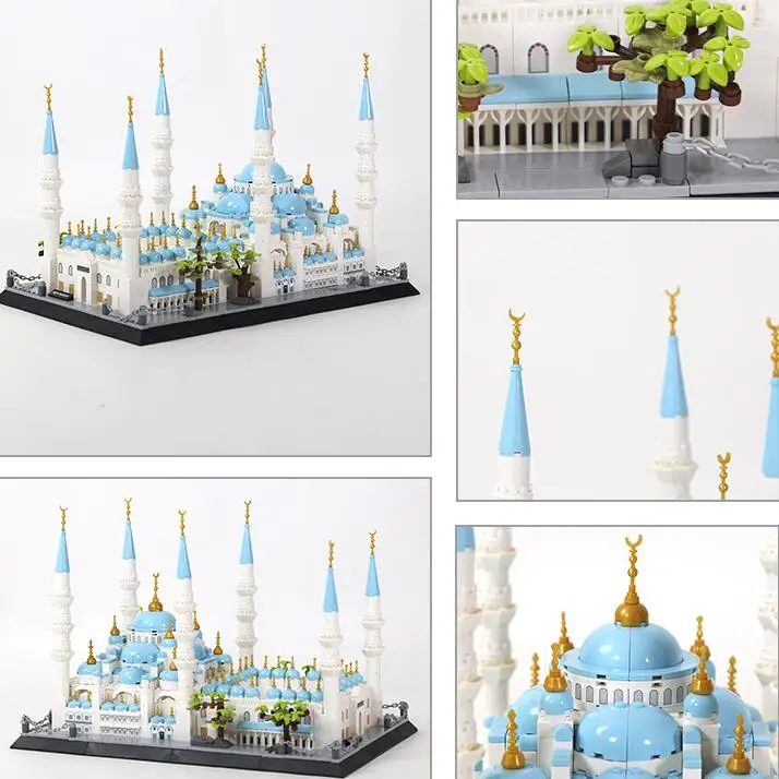 Blocs de Construction d'architecture de mosquée bleu ciel, briques à petites particules, cadeaux pour garçons et filles, jouet cadeau