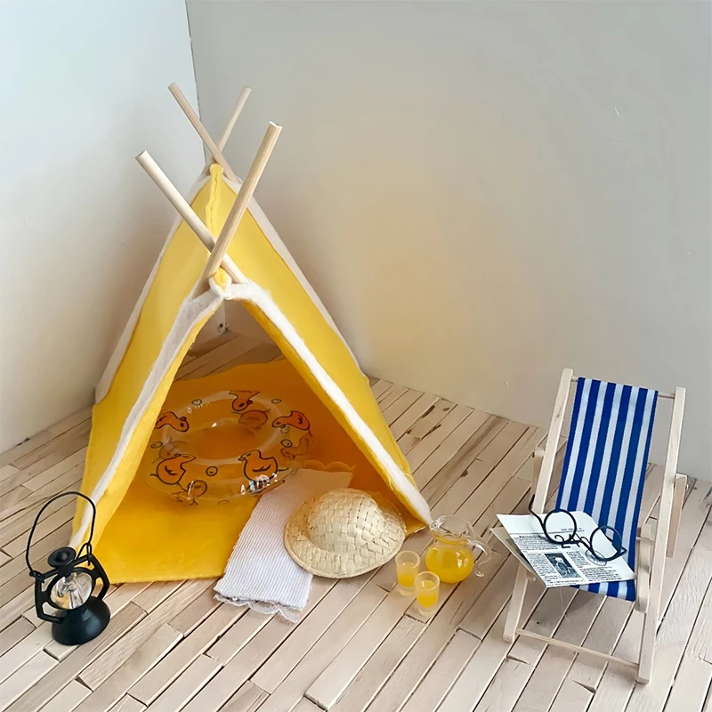1:12 casa de bonecas mini barraca de acampamento verão conjunto casa de bonecas simulação praia cena decoração para crianças fingir jogar brinquedos