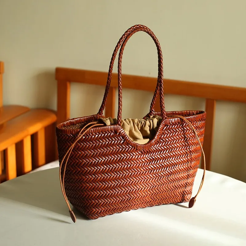 Women's Genuine Leather Handbag, Woven Casual Shopping Bag, Vintage Large Capacity Tote Bag
