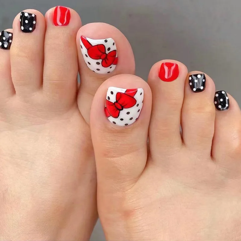 

24pcs Black White Polka Dot Press-On Toe Nails - Red Bow Cute Style False Pedicure Set in Multiple Sizes