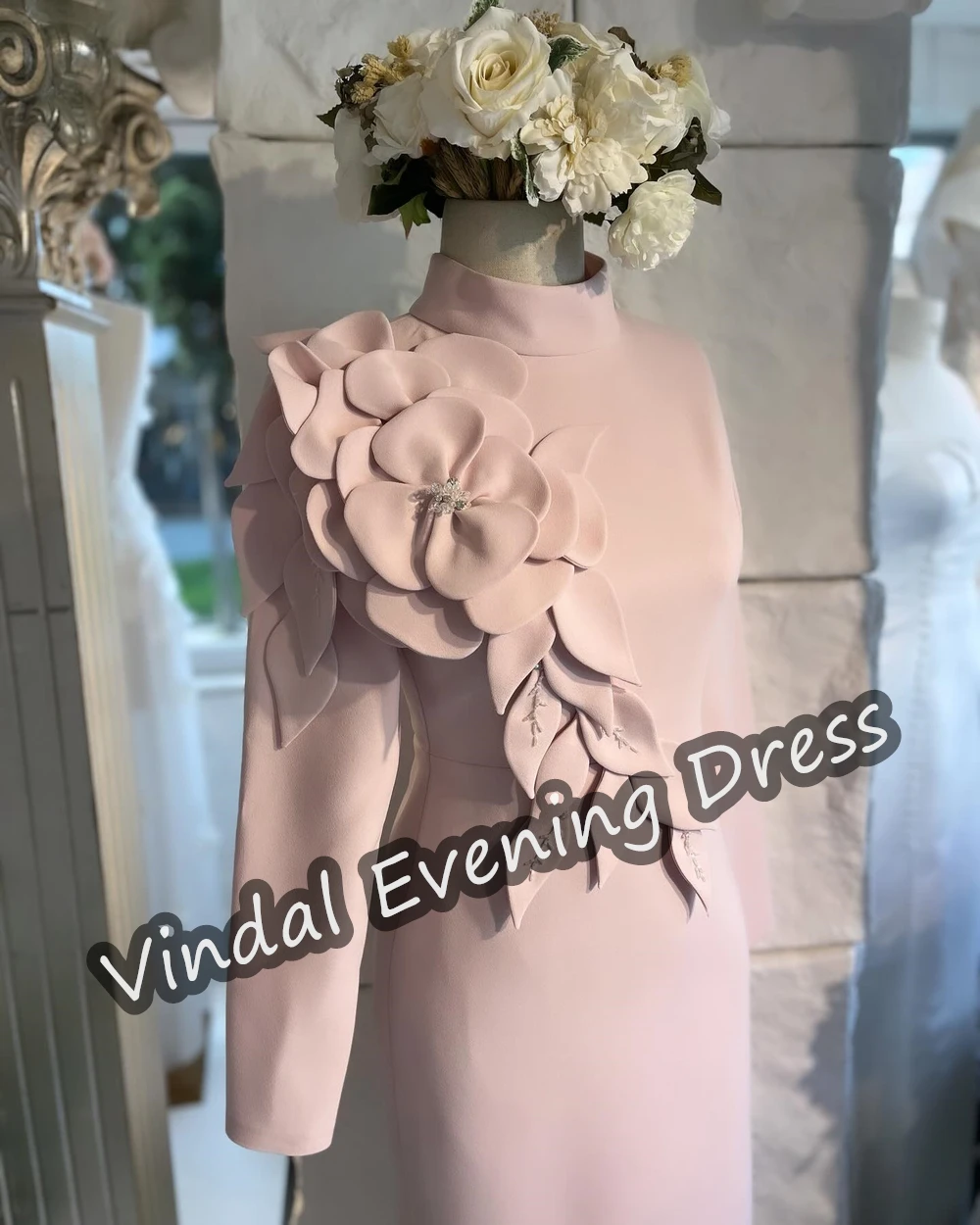 Vindal Scoop Neckline Evening Dress Tea Length Mermaid Elegant Built-in Bra Crepe Saudi Arabia Long Sleeves For Woman 2024