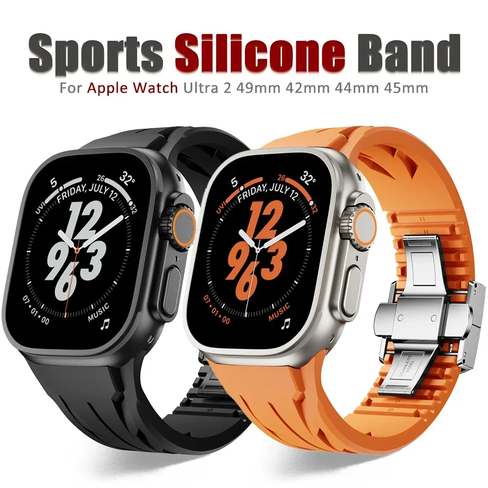 Silicone Men Band for Apple Watch Ultra 2 49mm 9 8 7 45mm 44mm 42 Premium Bracelet for Iwatch Series 6 5 4 Se Cut To Size Strap