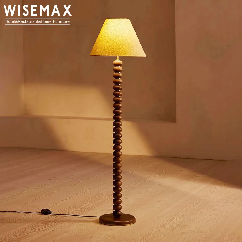 

WISEMAX FURNITURE Retro Style Indoor Furniture Solid Wood Fabric Lampshade Led Bright Tall Light Floor Stand Mood Lamp for Villa