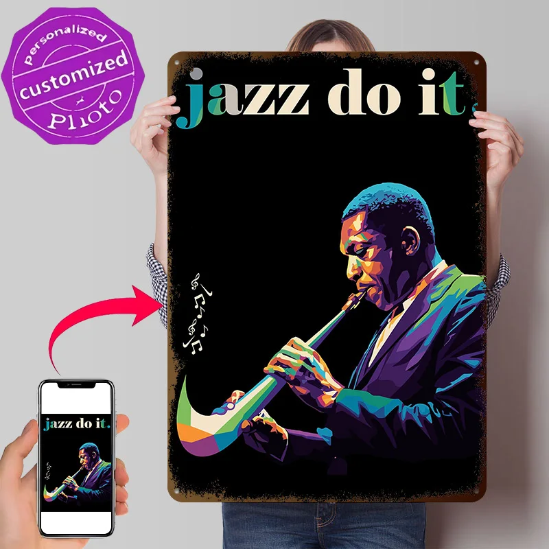 Jazz Musician Playing Saxophone Personalized 3D Textured Metal Poster Wall Art Tinplate Sign for Room Decorating Interior Decor