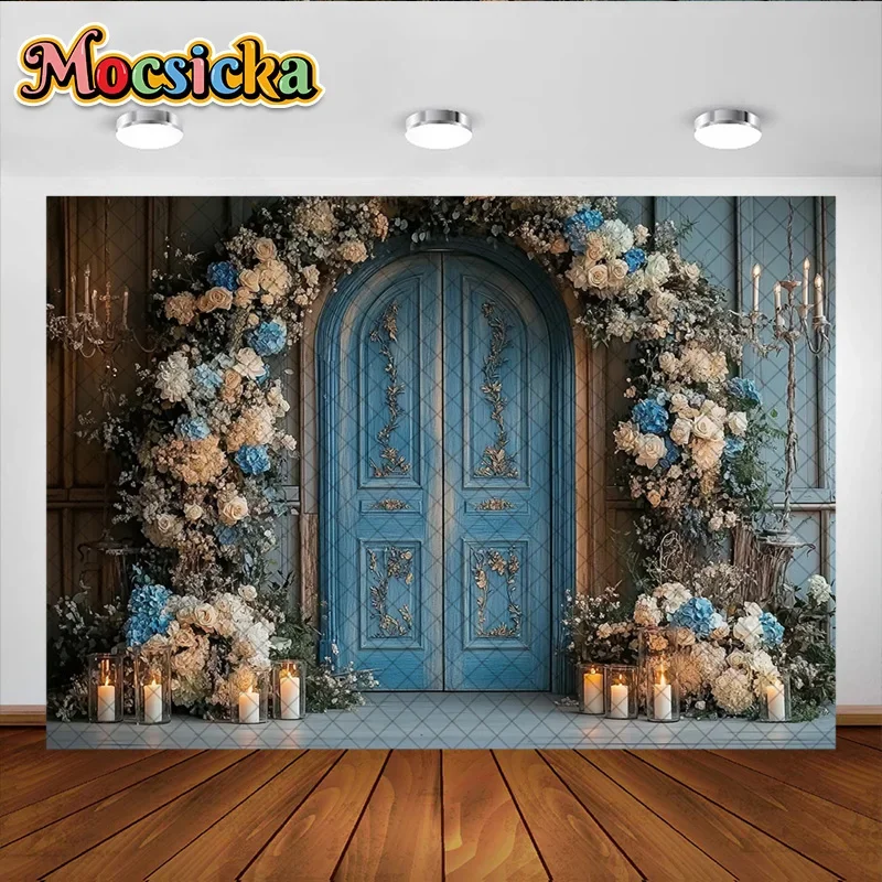 Mocsicka التصوير خلفية الأزهار قوس باب خشبي الديكور خلفية كعكة سحق استحمام الطفل صورة استوديو الدعامة راية