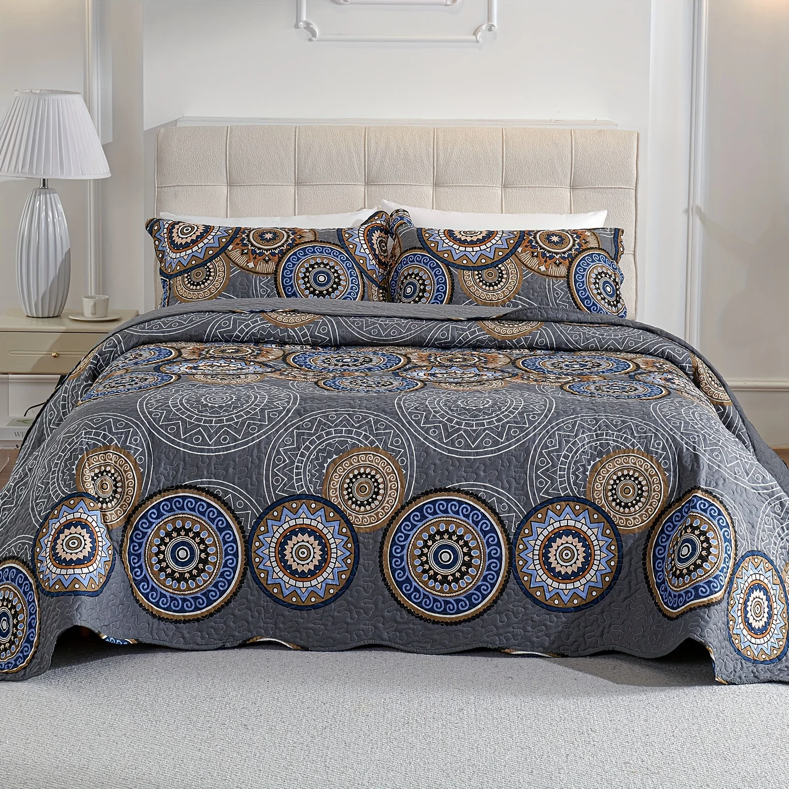 3pcs Queen King Quilt Set Microfiber Geometric Pattern Bedspread Coverlet Soft Lightweight