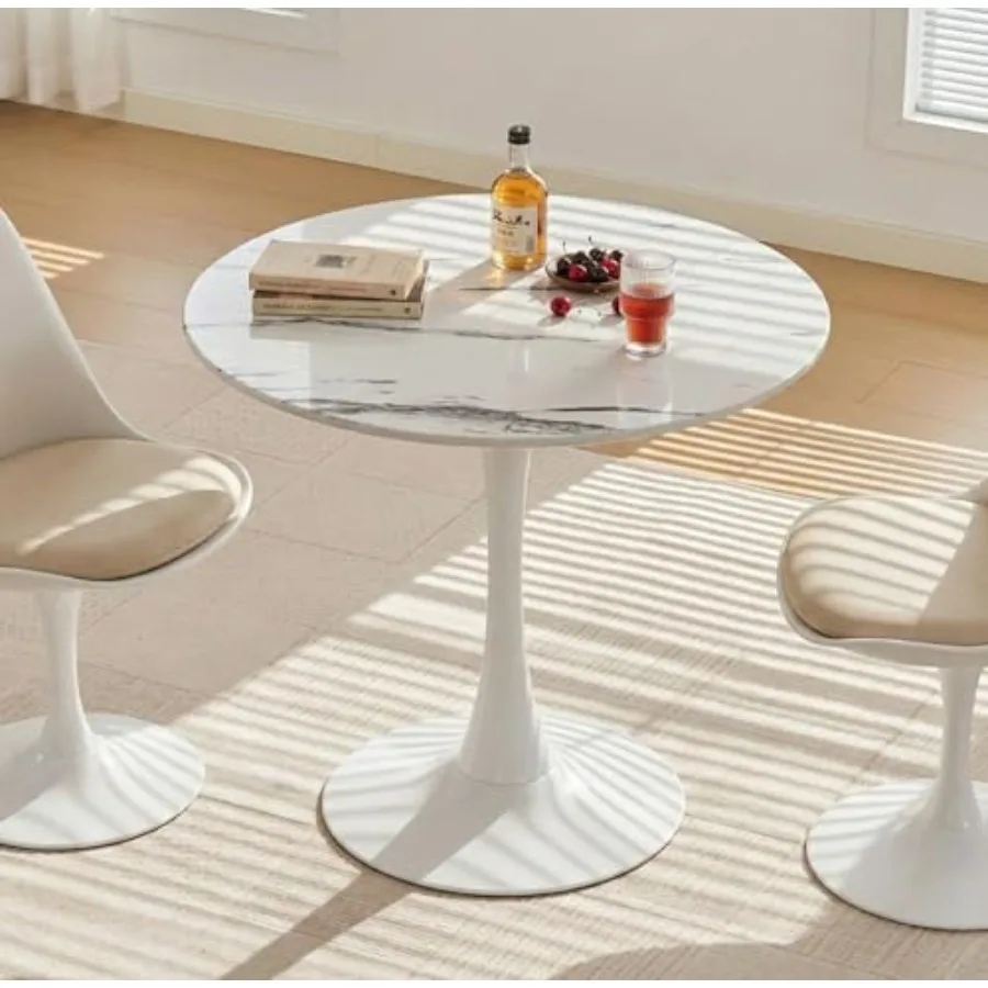 

23.6'' Small Round Dining Table for 2-4 People with Thick MDF Top and Metal Pedestal White Tulip Design with Marble Texture Ide