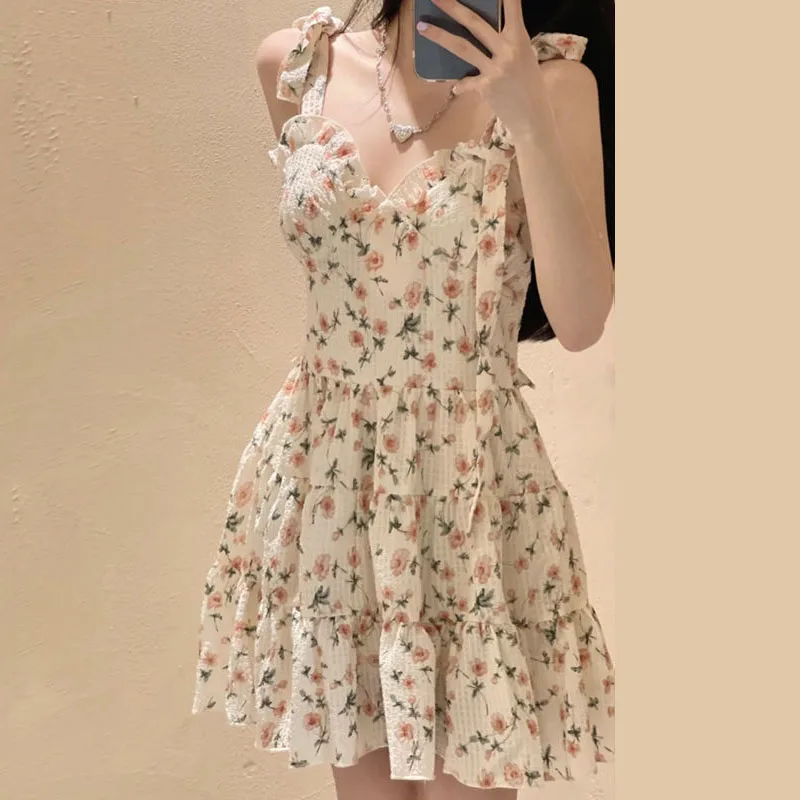 

Summer Mori Girl Style Elegant Lace Up V Neck Floral Dress Kawaii Fairy Princess Slip Vintage Mini Dresses Women 2023 Sundress