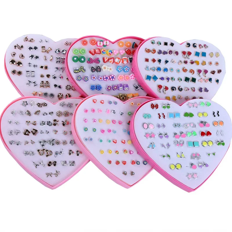 Charming Wholesale Set of 36 Pairs Plastic Peach Heart Rhinestone Ear Studs with Beautiful Gift Box for Girls' Gifts-ER230616