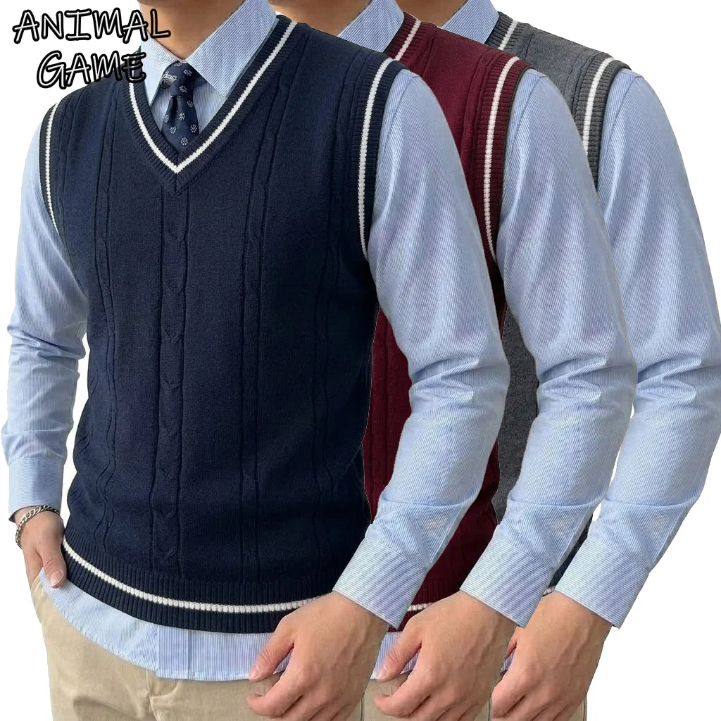 Autumn Men's V-neck Sweater Vest Casual Lightweight Streetwear Breathable Patchwork Knitted Pullover Business Knitwear for Men