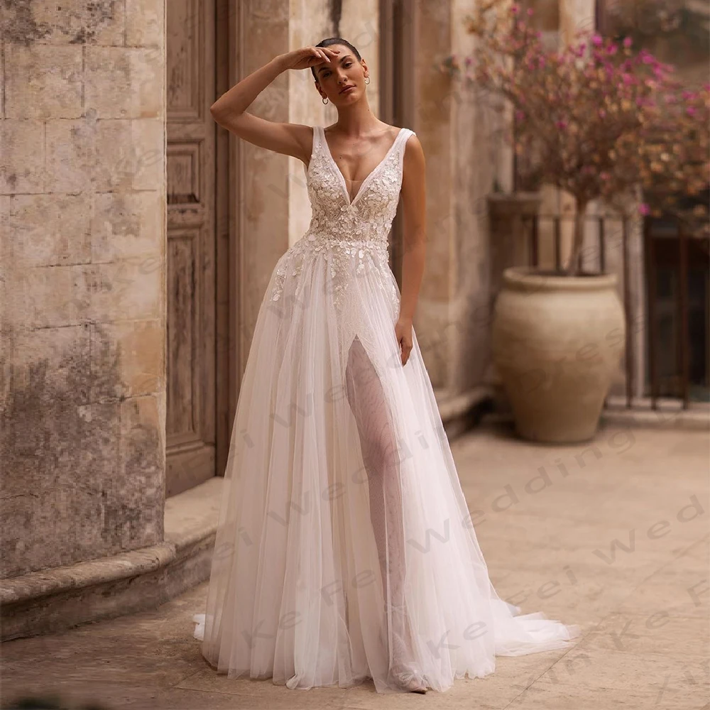 

Elegant Women's Wedding Dresses Bohemian Sexy V-Neck Lace Applique Side High Split Princess Bridal Gowns Vestidos De Noche 2024
